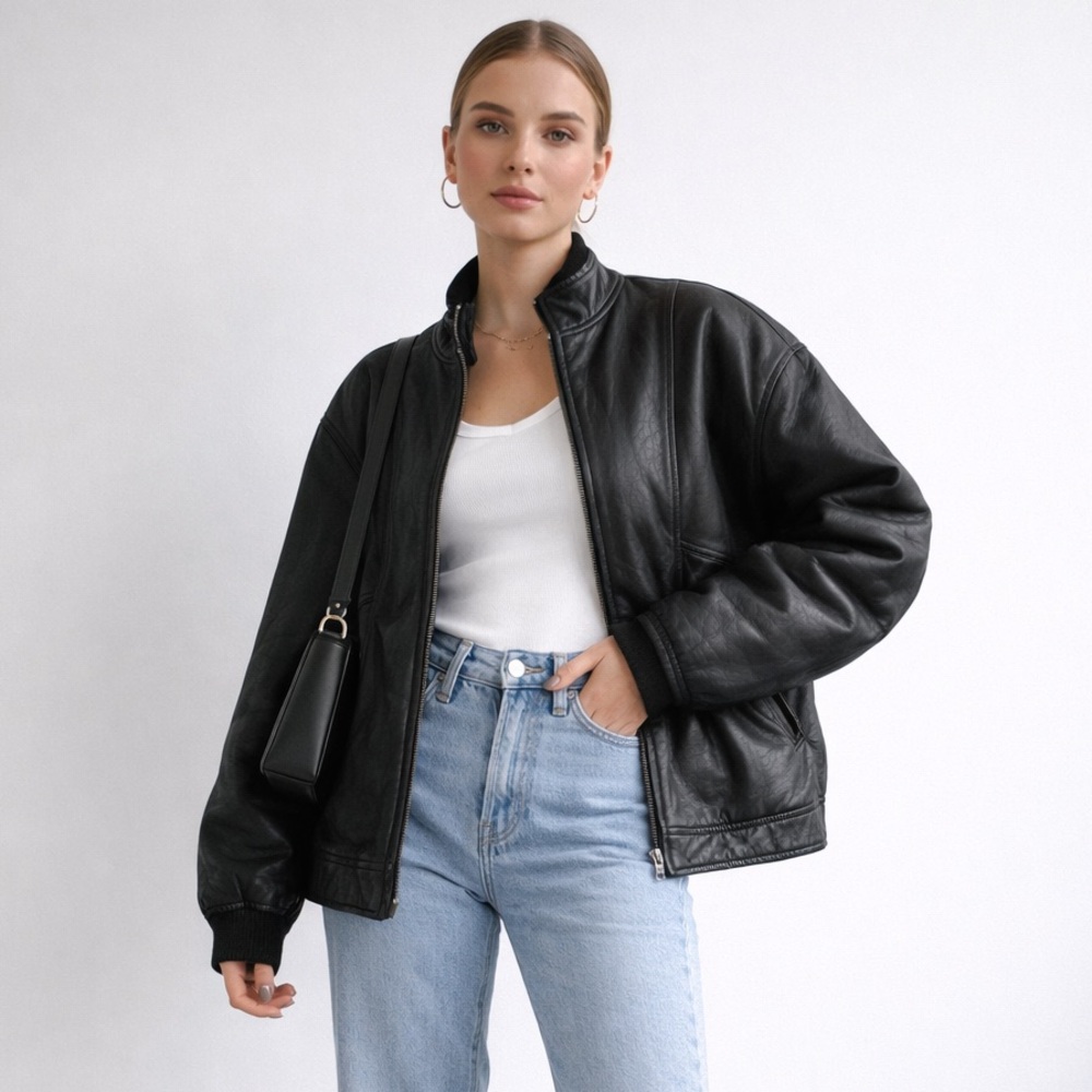 Vintage 90s Black Leather Jacket Sherpa Lined Minimalist Moto L Wilson’s leather